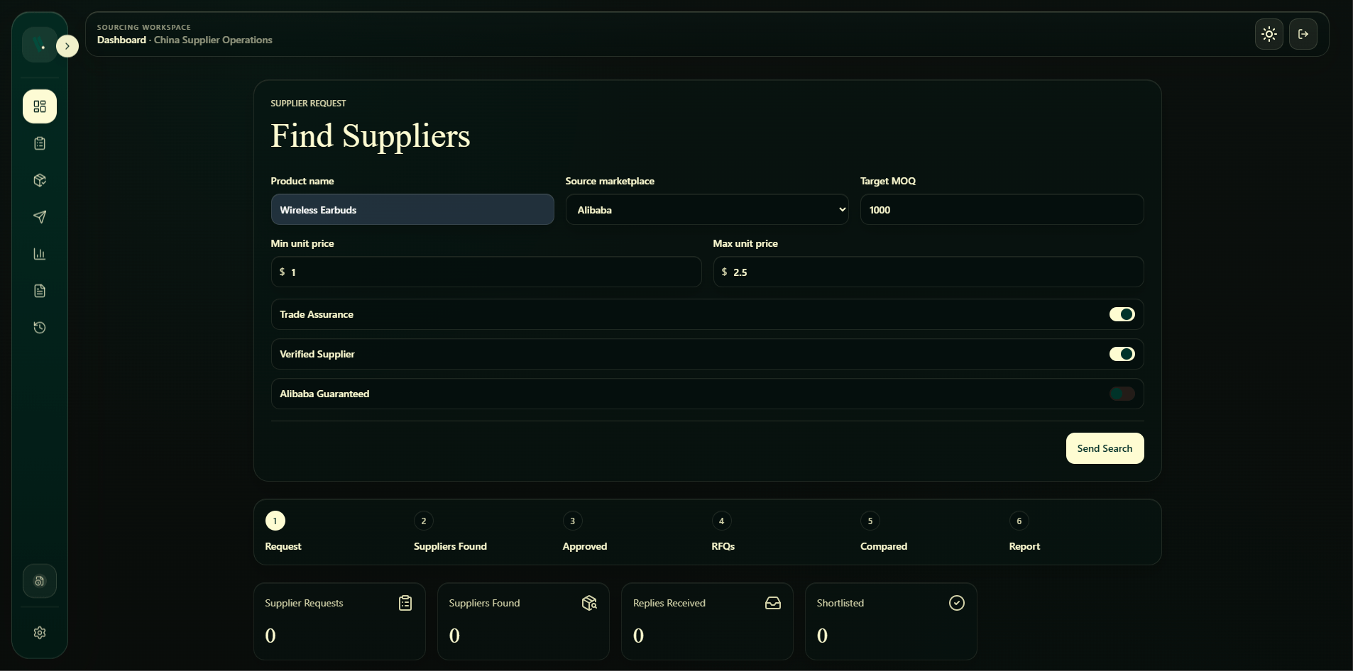 Product sourcing request screen with supplier filters and workflow metrics