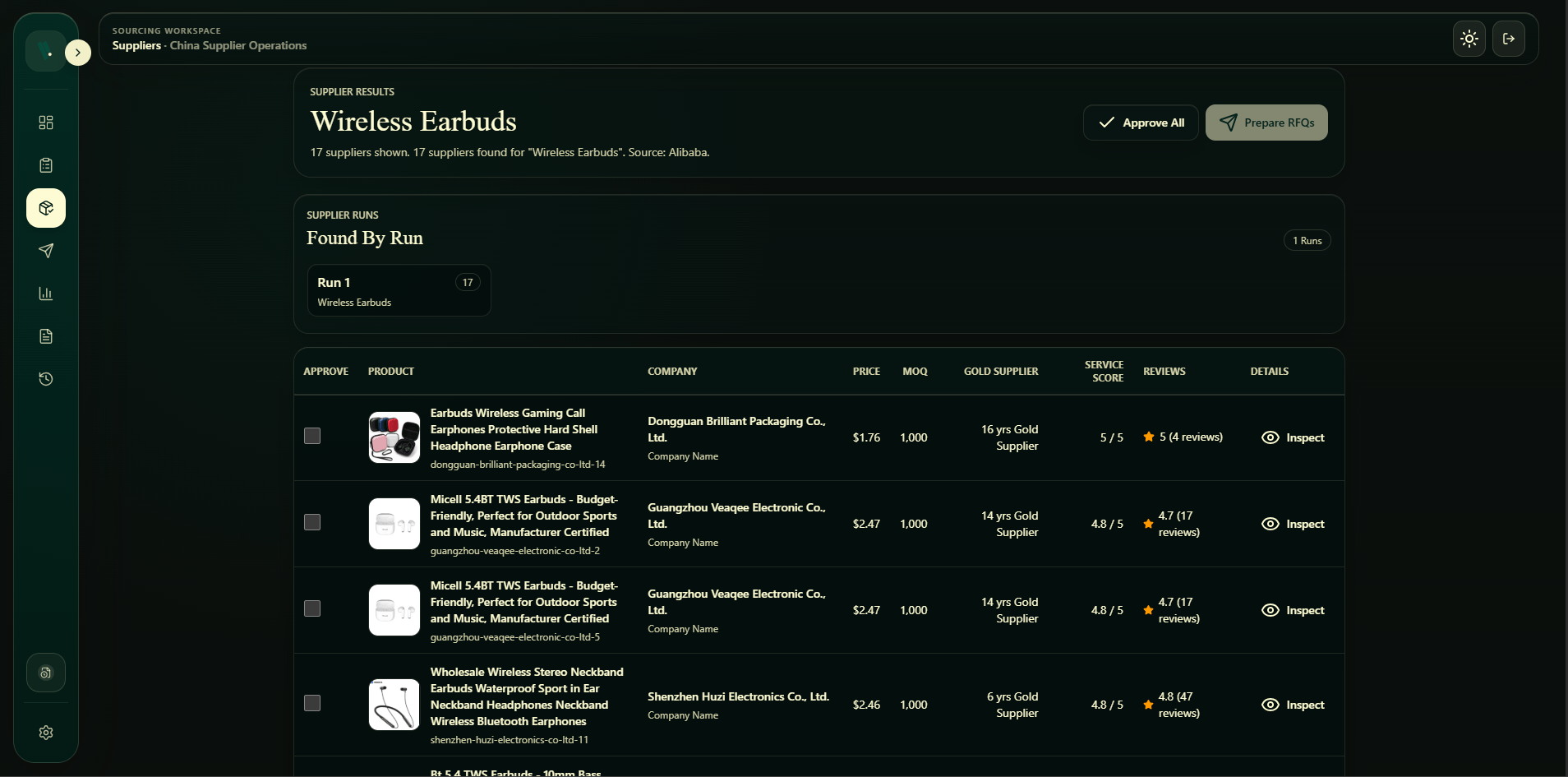 Supplier discovery results and approval interface