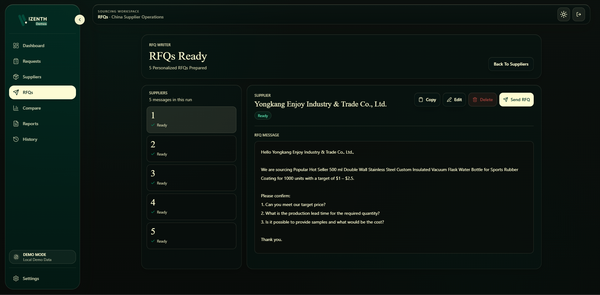 RFQ Writer interface showing personalized supplier RFQs ready for review and action
