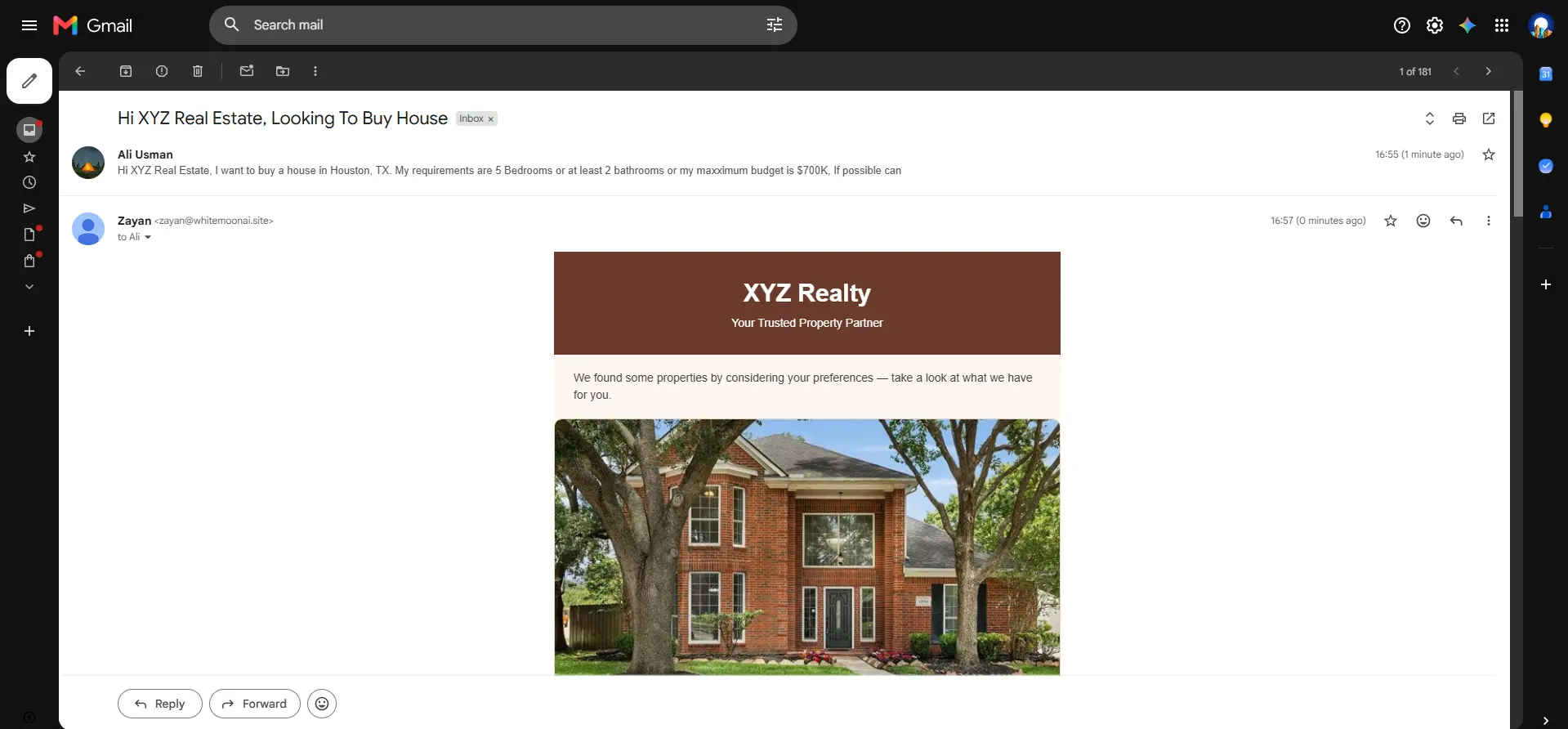 Overview of the AI generated real estate recommendation email