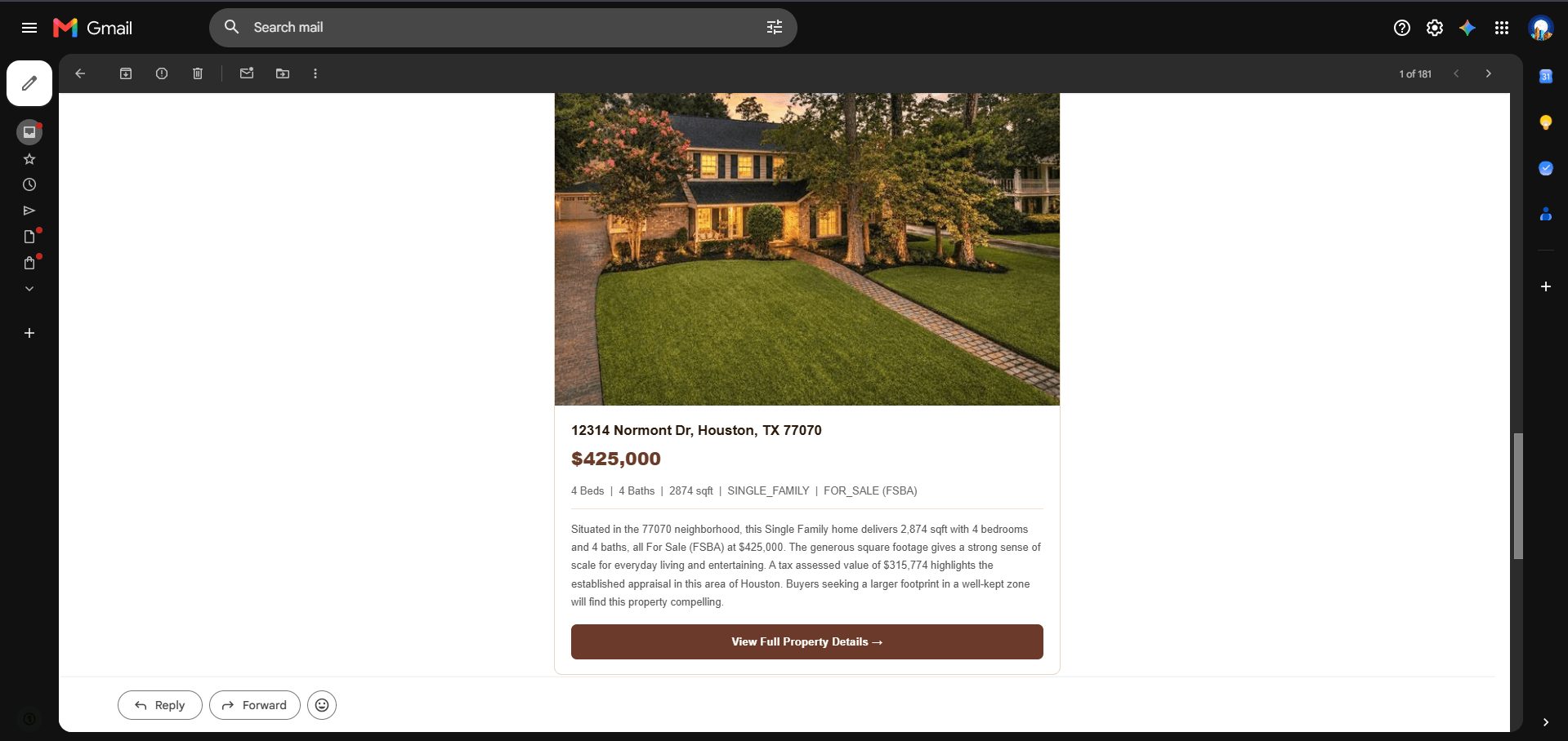 Property details section in the AI generated real estate recommendation email